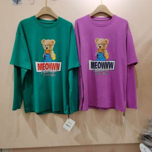 眼镜熊拼接袖长袖T恤，女装T恤，moiiy