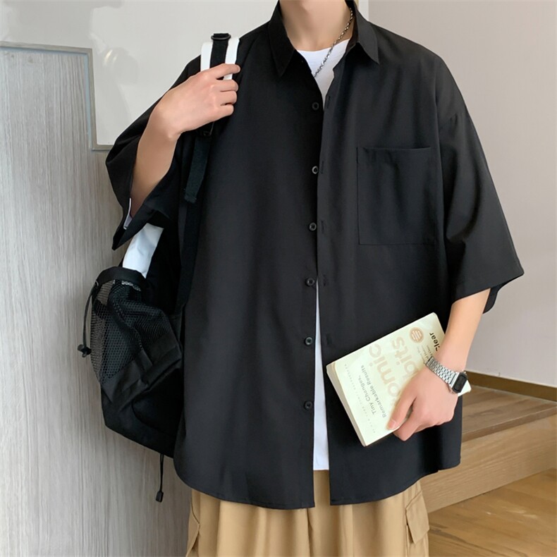 C6042/P35夏款2023新款港风冰丝克莱因蓝衬衣男开衩短袖衬衫控58,男装衬衫,电商A141