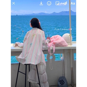 TC592-P45粉色蝴蝶结条纹防晒衬衫宽松中长款甜美上衣图片