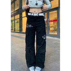 直筒刺绣腰带绳工装牛仔裤女秋季复古街头阔腿长裤KG012，男装牛仔裤，星座1116A（原606A-3）