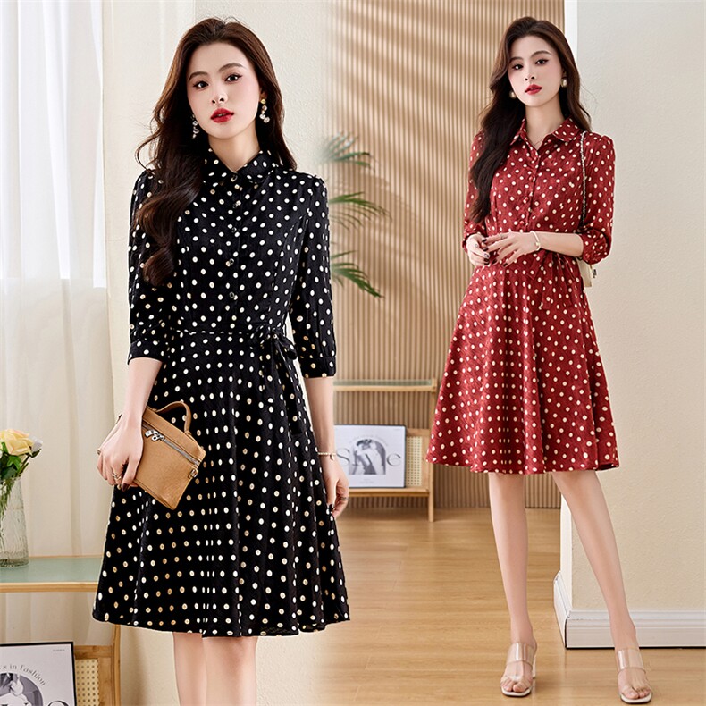 红色波点连衣裙女装2024春秋新款小个子收腰显瘦法式气质衬衫裙子，女装连衣裙，罗得堡