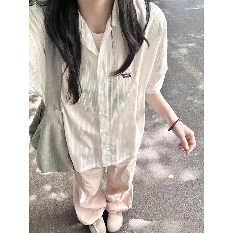 独特好看短袖衬衫女小个子夏季复古刺绣宽松百搭半袖条纹衬衣上衣,男装T恤,星座1210-1