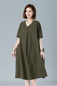 时尚大码宽松棉裙高端舒适V领连衣裙，女装连衣裙，3200格调