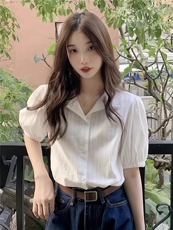 韩系温柔短袖衬衫蕾丝花边宽松白色衬衫，女装衬衫，湘姗