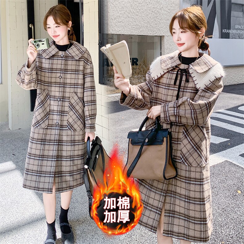 韩系俏皮娃娃领格纹毛呢大衣女2025年秋冬季新款显瘦长款呢子外套,女装毛呢外套,纯色衣恋