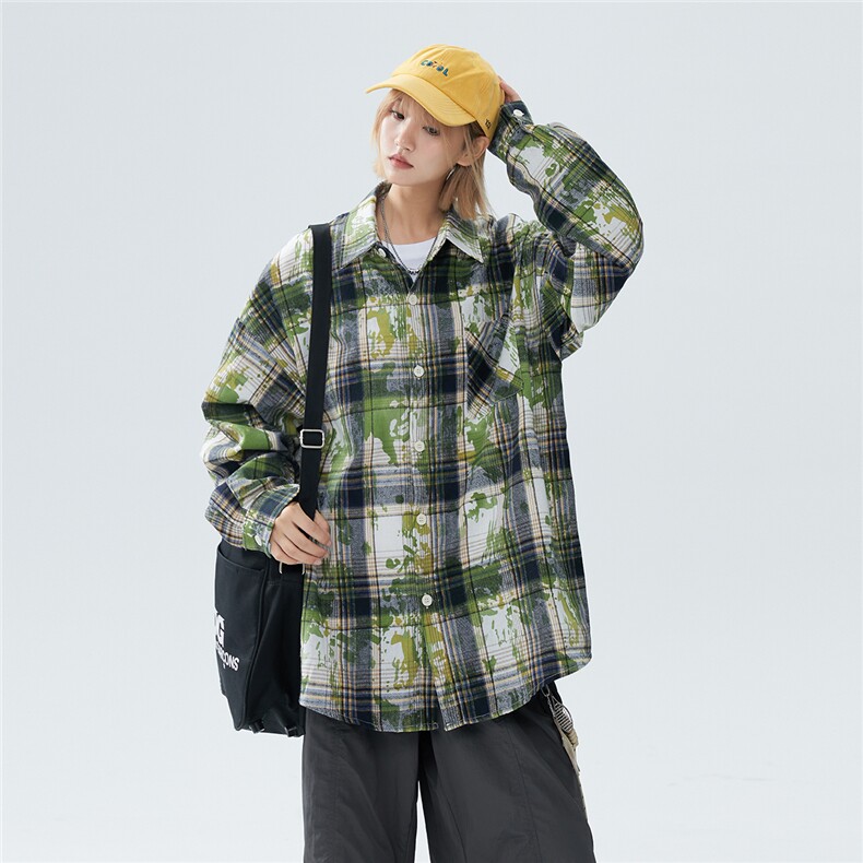 2026新款现货扎染格子衬衫痞帅长袖衬衣美式防晒情侣外套C235TP30，男装防晒衣，电商A170