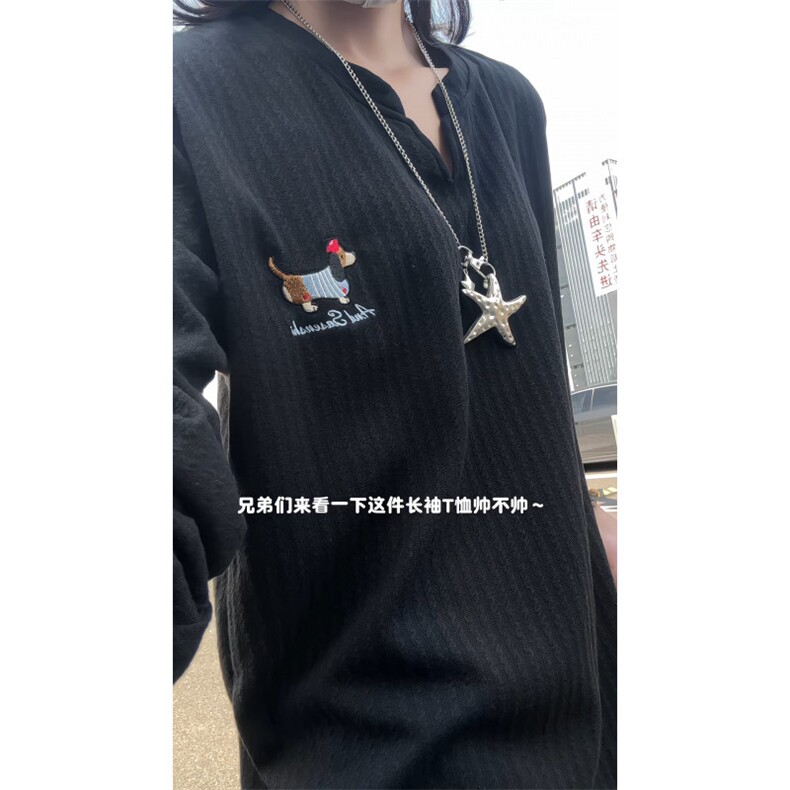 XZ809A/SYR07/特P19/控38肌理感腊肠狗绣花V领长T恤卫衣,男装T恤,星座809A(原222-1)