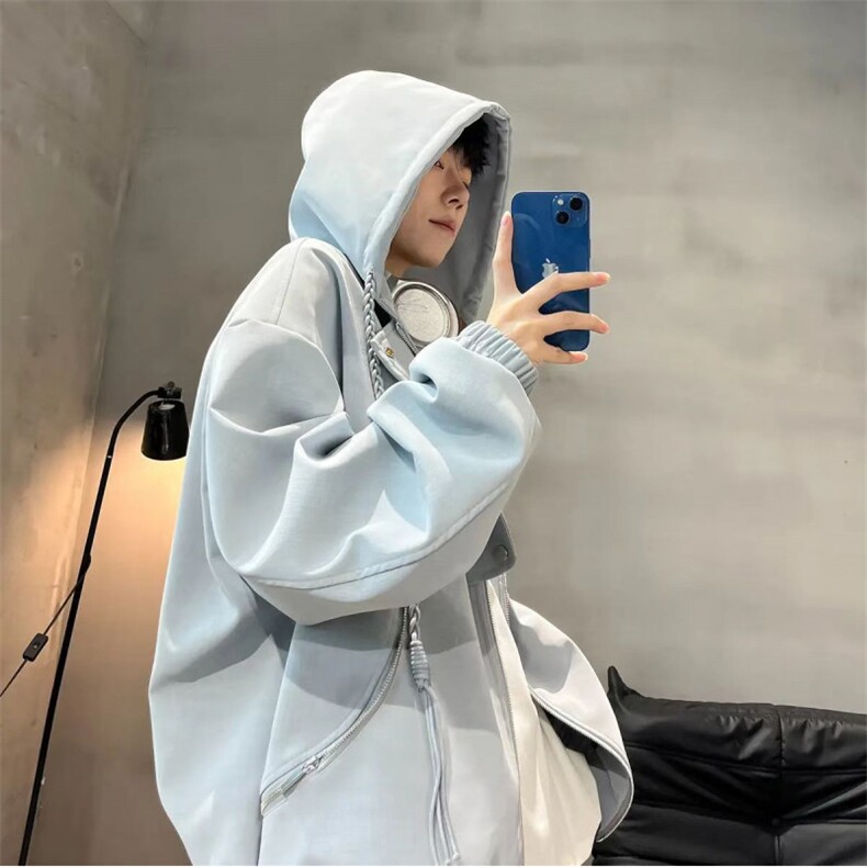 黑色雾面PU皮衣夹克男秋季潮牌痞帅高级感美式机车服休闲连帽外套图片