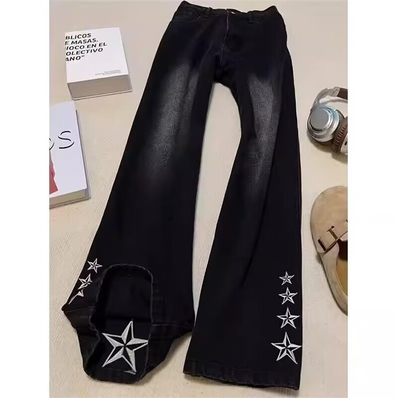 黑色五角星刺绣男女潮牌美式高街痞帅风微喇裤SD660P40，男装休闲裤，星座1112-1