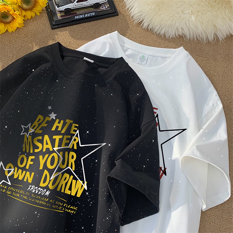 量大优供抖音视频支持得物配合二开美式满天星亮片短袖T恤MTX151,男装T恤,电商A486