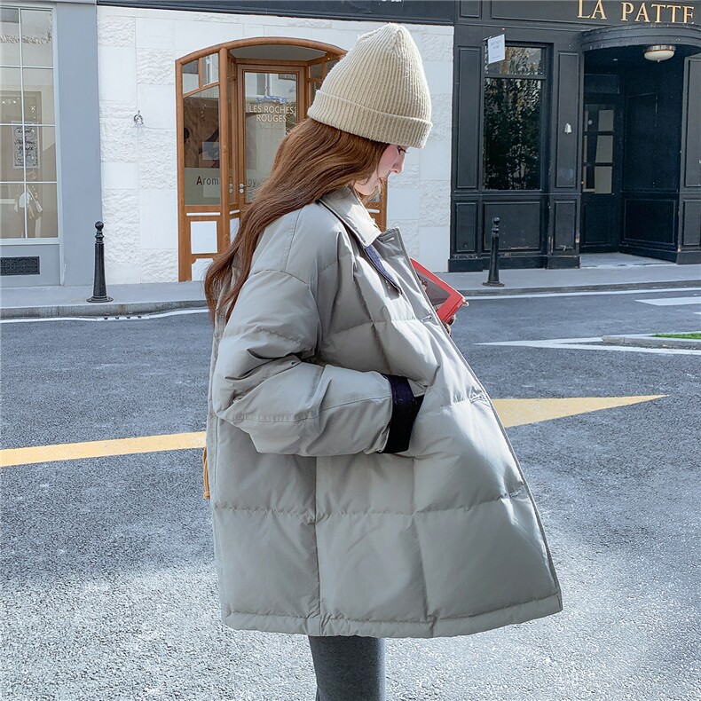 翻领面包服羽绒服女中长款卡其色加厚外套2025冬季新款设计感宽松,女装羽绒服,2C300