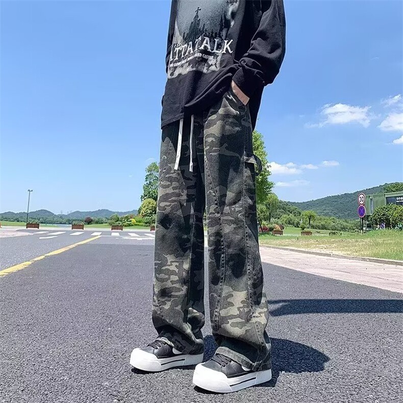 N43-P41夏季扎染毛边牛仔裤男直筒做旧水洗日系复古休闲痞帅,男装牛仔裤,电商B323A