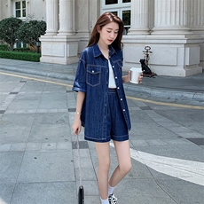 现货~！夏季薄款深蓝牛仔短袖短裤两件套套装女，女装套装/套裙，辉之琳