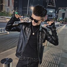 韩版休闲修身机车服翻领痞帅社会小伙水洗皮衣夹克D809-P118控148，男装皮衣，星座308A