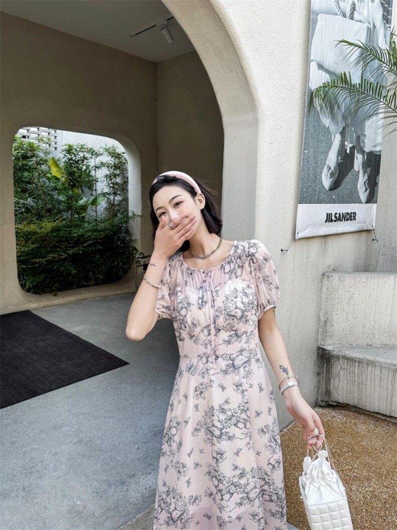 现货新款夏季连衣裙水墨印花短袖，女装连衣裙，荷塘月色