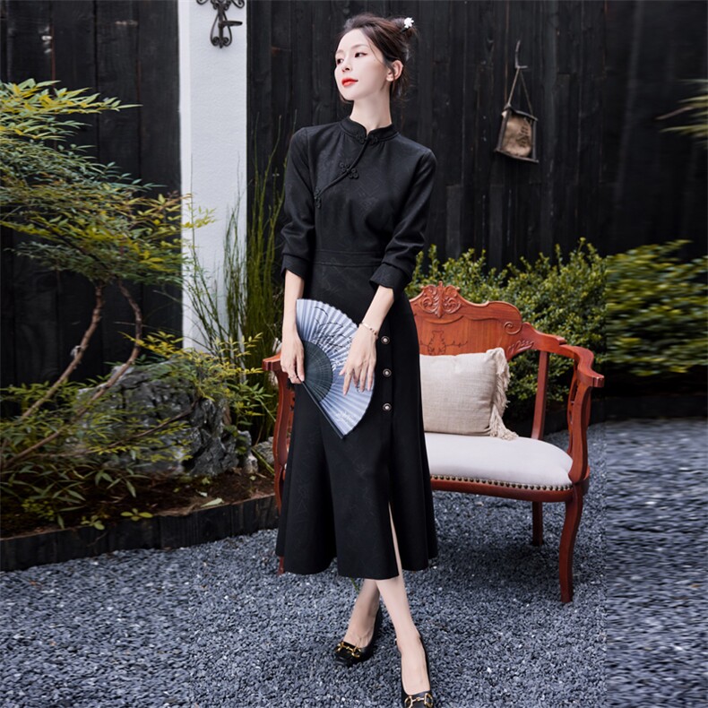 改良旗袍连衣裙女春秋2025新款新中式修身显瘦包臀开叉鱼尾裙,女装连衣裙,水衣源