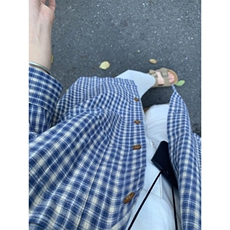 蓝色格子衬衫春夏装叠穿衬衣小众设计感上衣休闲长袖外套C16p38，男装衬衫，电商D315