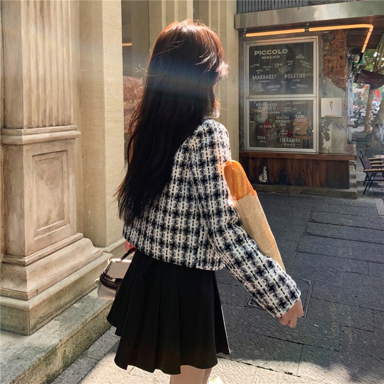 韩系小香风黑色格纹毛呢外套女2025新款气质减龄流行爆款修身大衣,女装毛呢外套,2C210