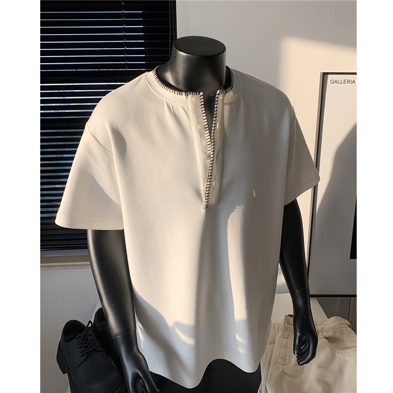 25新品 重磅曼巴棉亨利领设计刺绣短袖T恤衫上衣男 H1087 特P38图片
