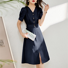 纯棉连衣裙女夏2023新款小个子收腰修身显瘦V领夏季短袖气质裙子，女装连衣裙，姿衣坊