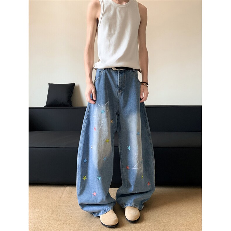 美式复古水洗星星刺绣弯刀牛仔裤夏季新款潮流宽松阔腿裤,男装牛仔裤,星座410-6（原星座1304-1）