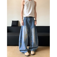 美式复古水洗星星刺绣弯刀牛仔裤夏季新款潮流宽松阔腿裤，男装牛仔裤，星座410-6（原星座1304-1）