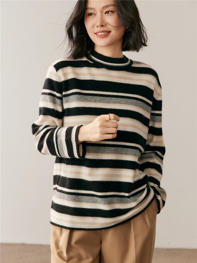 新款圆领条纹针织长袖套头上衣女,针织衫/毛衣,鸥蕊娅羊绒