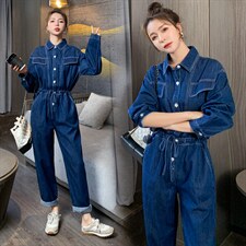 2022春季新款潮流时尚亮线抽绳牛仔连体裤，女装连体裤，帛香坊