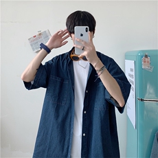 wassuphappy港风牛仔短袖衬衫男夏季潮流青少年衬衣宽松休闲外套，男装衬衫，星座1008-1
