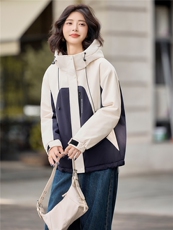 时尚拼色加棉加厚派克服外套女2025秋冬新款宽松保暖百搭连帽外套，女装棉衣/棉服，悦祺