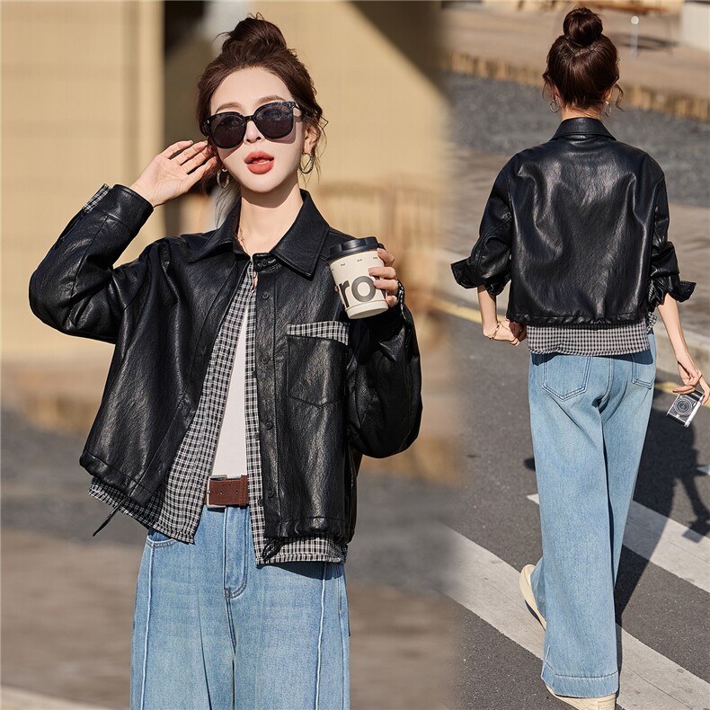 已出货春装新品 假两件皮衣外套女新款高档时尚设计感百搭机车服图片