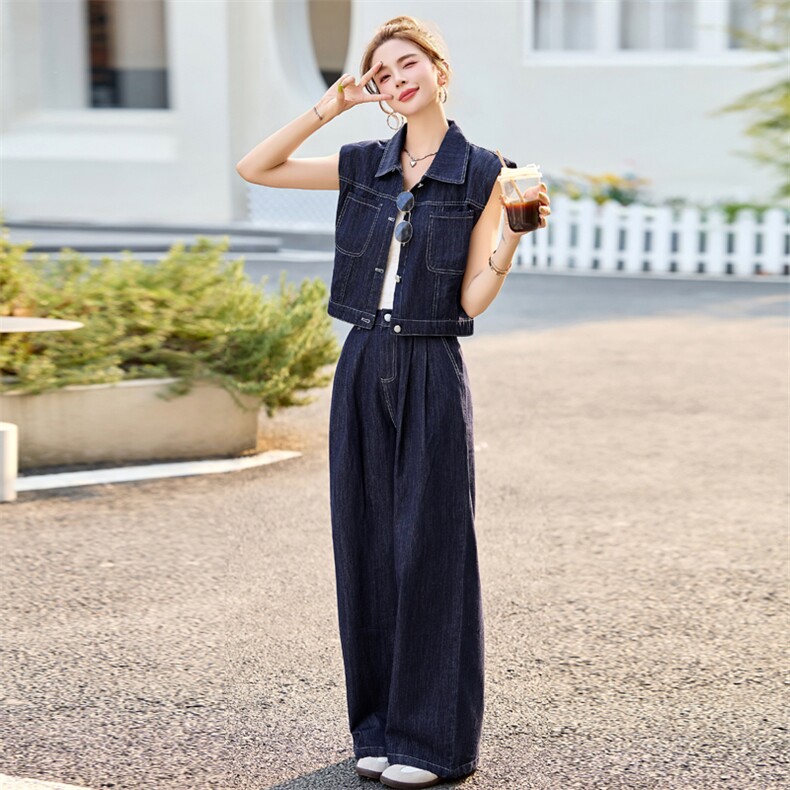 天丝牛仔套装女2025夏季新款薄款蕾丝拼接短袖上衣阔腿长裤两件套,女装套装/套裙,瑶迪依秀