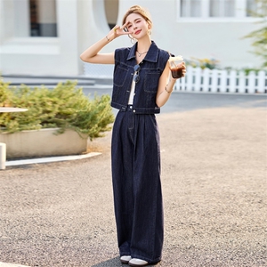 天丝牛仔套装女2025夏季新款薄款蕾丝拼接短袖上衣阔腿长裤两件套图片