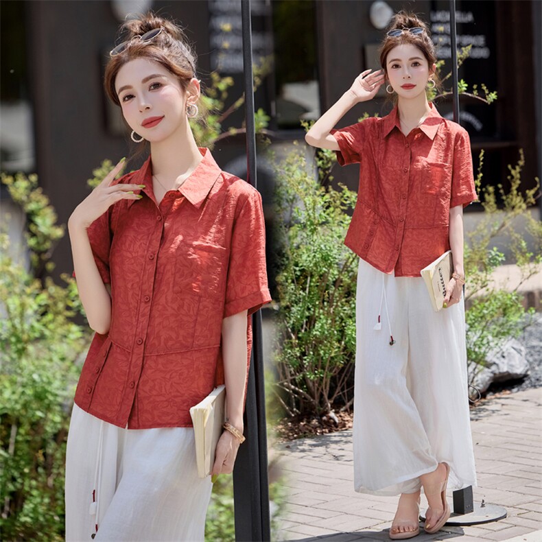 红色复古提花短袖衬衫女夏2025新款休闲气质妈妈洋气减龄小衫上衣，女装衬衫，余墨