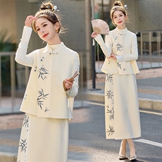 2025春季新款毛呢新中式国风盘扣开春穿搭刺绣马甲半身裙两件套装，女装套装/套裙，芷墨服饰