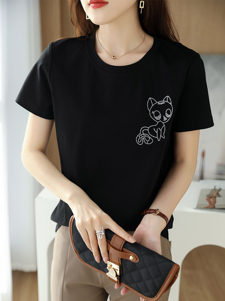 烫画小熊工艺高端丝光棉短袖圆领冰感上衣女显瘦休闲百搭基础款潮,女装T恤,元素羊绒