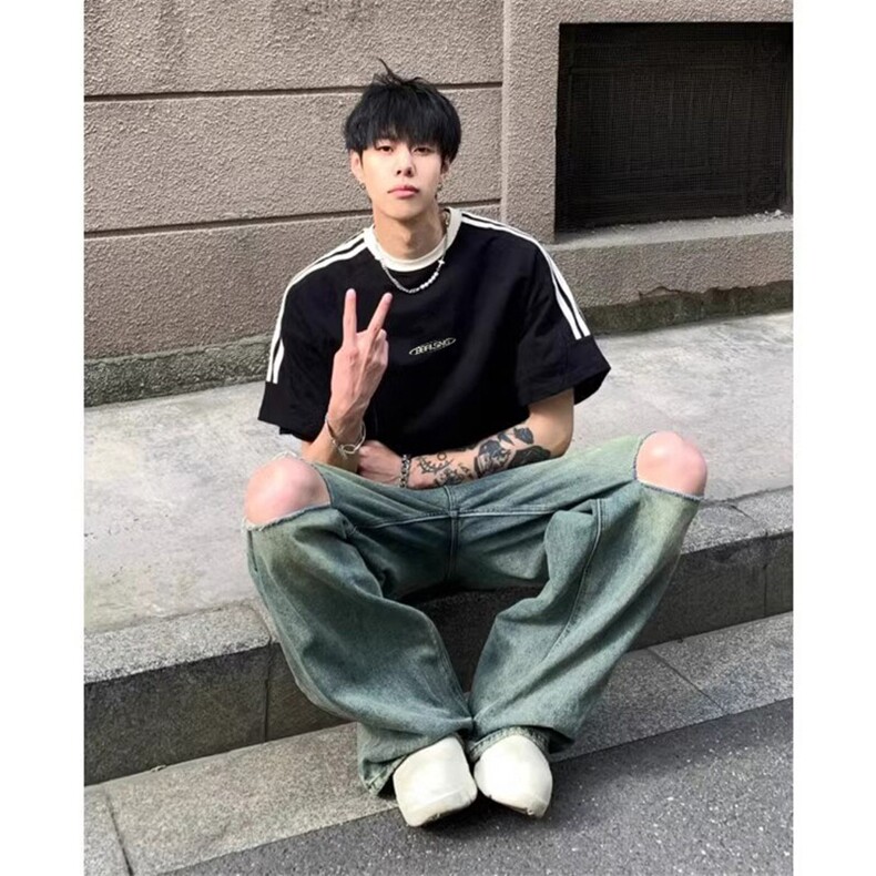 夏季美式高街重磅纯棉三条杠织带撞色男女短袖T恤ZD643-特P30,男装T恤,电商A486-1