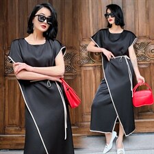 2022夏季新款时尚气质圆领宽松舒适开叉裙摆连衣裙2022年夏季中腰，女装连衣裙，时尚俏佳人