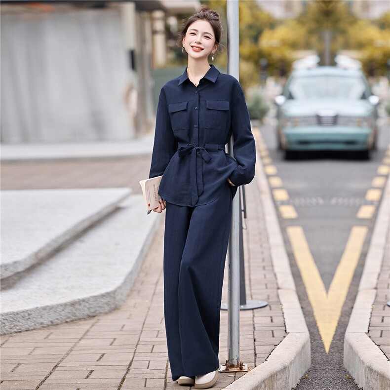 轻熟风气质时尚套装女2025秋季新款系带收腰长袖衬衫阔腿裤两件套,女装套装/套裙,盈茜