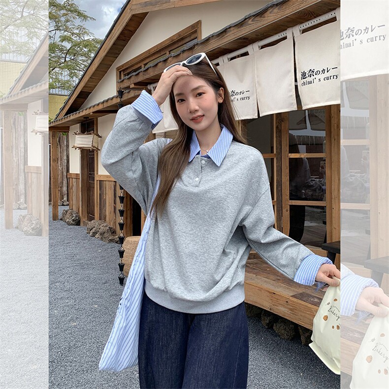 抖音得物高品质26春装美式高街假两件衬衫领长袖卫衣POLO领打底衫,男装T恤,电商A486-1