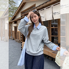 抖音得物高品质26春装美式高街假两件衬衫领长袖卫衣POLO领打底衫，男装T恤，电商A486-1