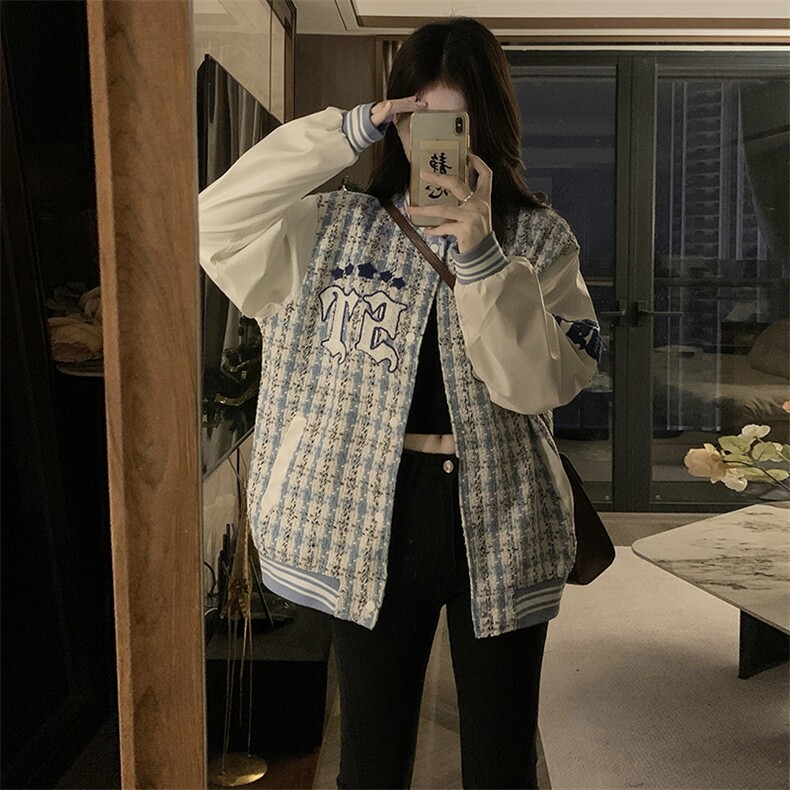美式棒球服女秋冬刺绣拼接皮袖复古夹克情侣宽松翻领外套C669-75,男装夹克,星座911-2(原星座613-2）