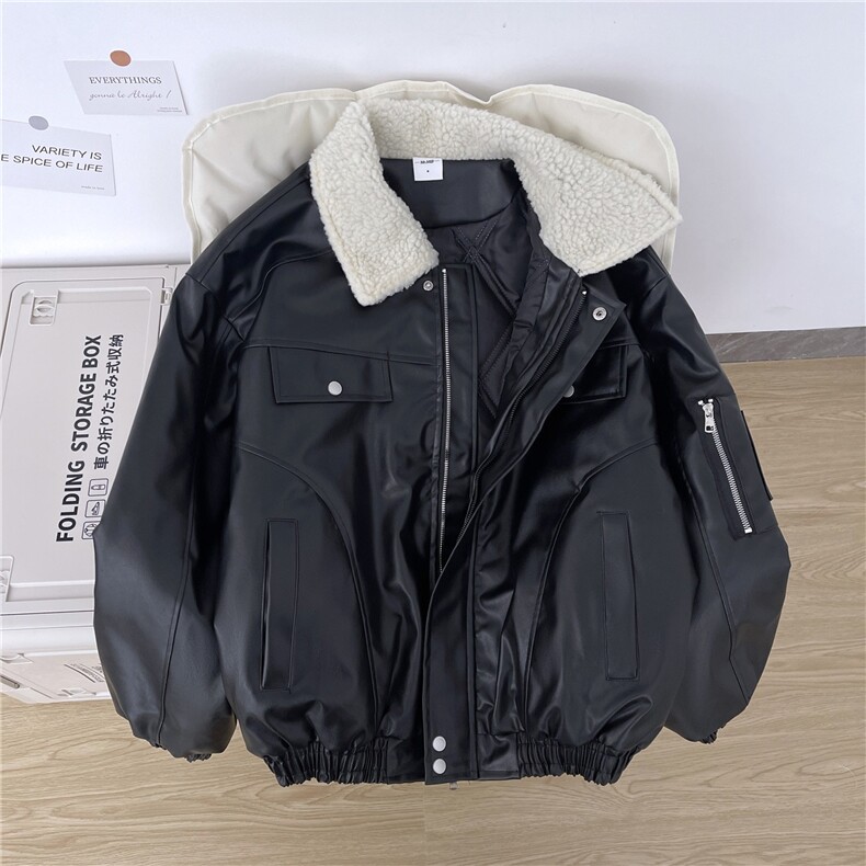 翻领毛领拼接美式复古棉服外套男女冬季新款百搭pu夹棉皮衣FY216，男装皮衣，星座601-1