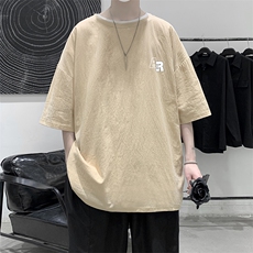 YT26369-P30亚麻短袖t恤男大码五分袖男宽松七分袖大皂风模特，男装T恤，电商A040