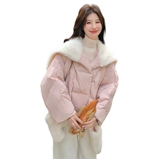 新款现！羊羔毛翻领手套粉色羽绒服外套2C133-6011-P285-K408，女装羽绒服，2C133