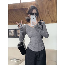 设计感小众蝴蝶结系带长袖T恤女春秋新款不规则灰色修身露肩上衣，男装T恤，星座1210-1