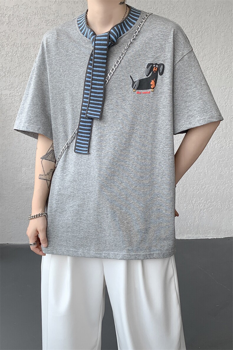 8XL-M纯棉复古拼接假领带设计短袖美式T恤男重工情侣上衣潮DX341,男装T恤,电商D206-1