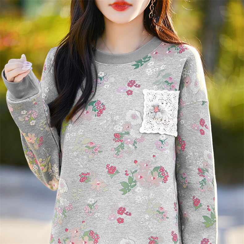 卫衣女2024年秋季圆领长袖时尚碎花套头显瘦上衣,女装卫衣/绒衫,佳绒高端店