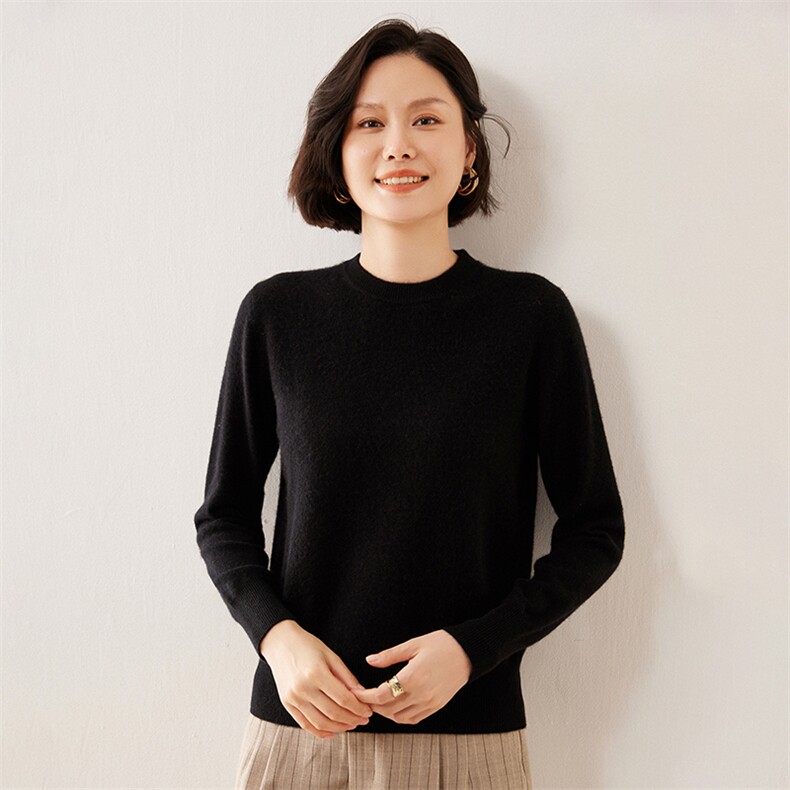 秋冬季新款舒适显瘦时尚百搭12针双层领小圆领35%衫,女装羊绒衫,伊绒腾羊绒
