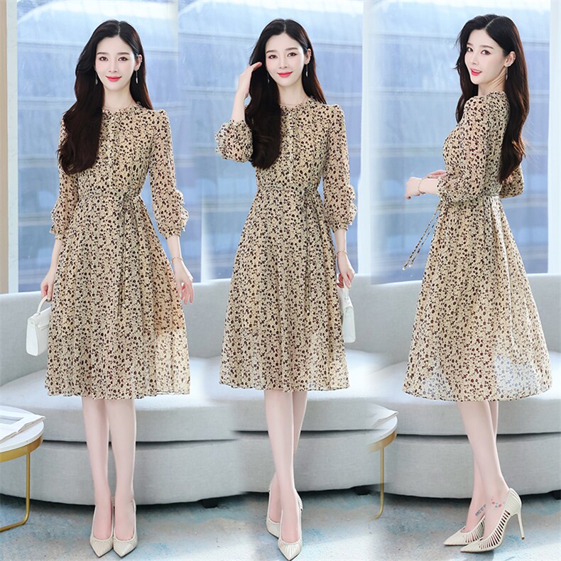 优雅木耳圆领七分袖收腰系带中长款雪纺碎花连衣裙2025春，女装连衣裙，星宇服饰